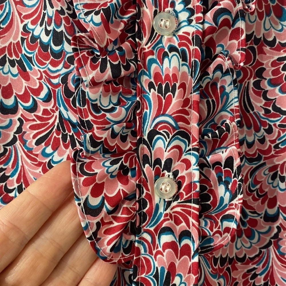 Lucky Winner Vintage Ruffle High‎ Neck Blouse Womens Size L Red Pink Psychedelic - Picture 4 of 6